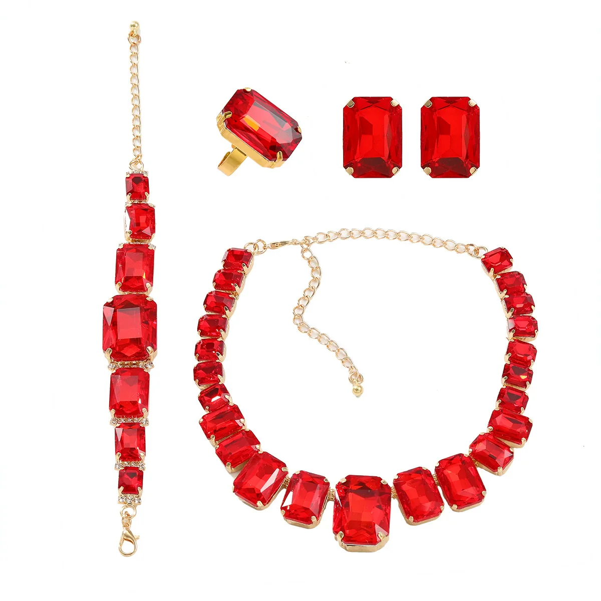 Wholesale Rhinestone Jewelry Exaggerated Geometric Inlay Square Necklace Earrings Bracelet Set For Women - Image 8