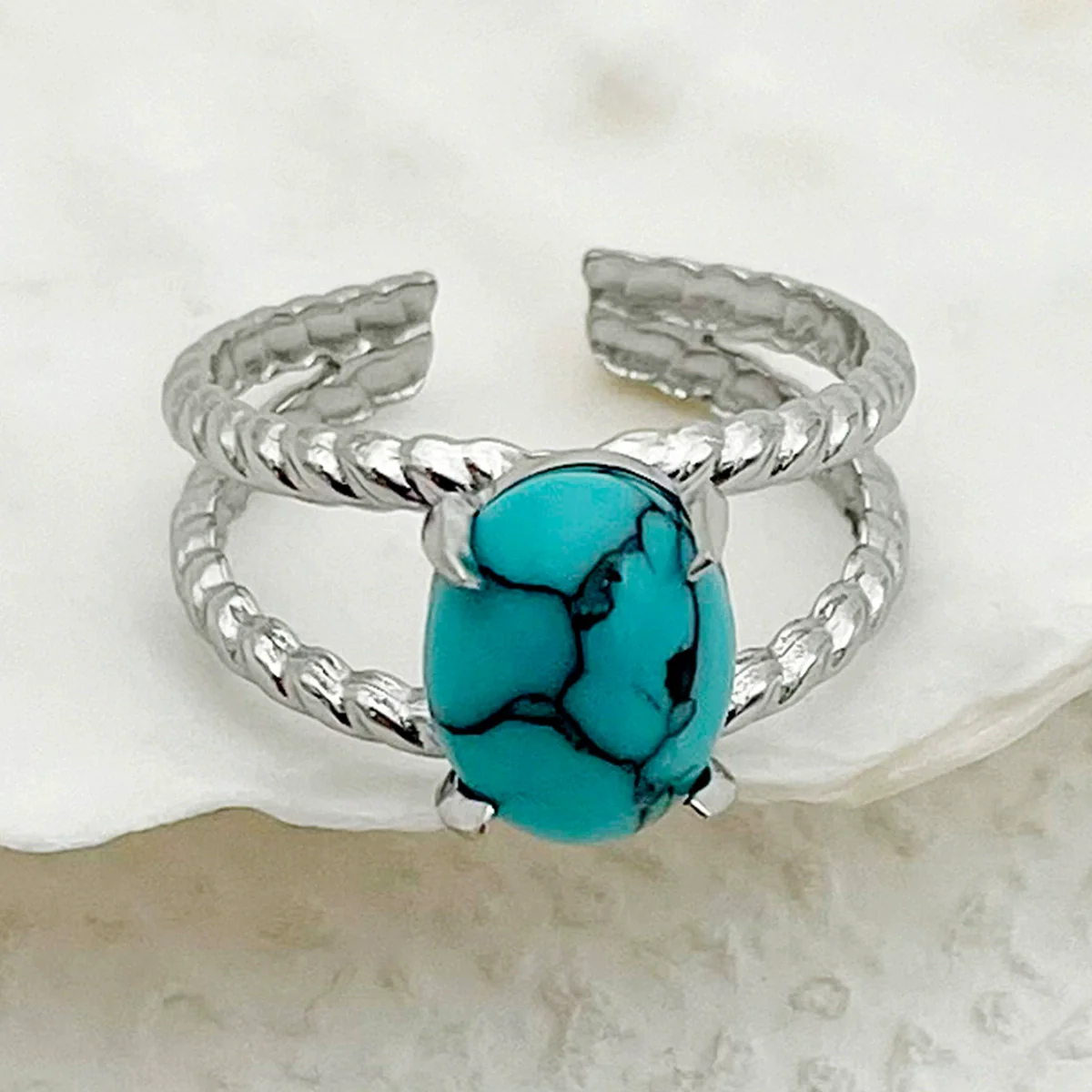 Wholesale Ring Natural Turquoise Stainless Steel Geometric Electroplated Fashion Allmatch Open - Image 4
