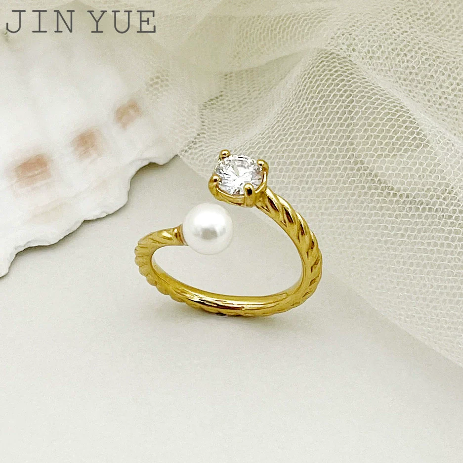 Wholesale Ring Square Zircon Pearl Double Headed Open Titanium Steel French Retro Electroplated
