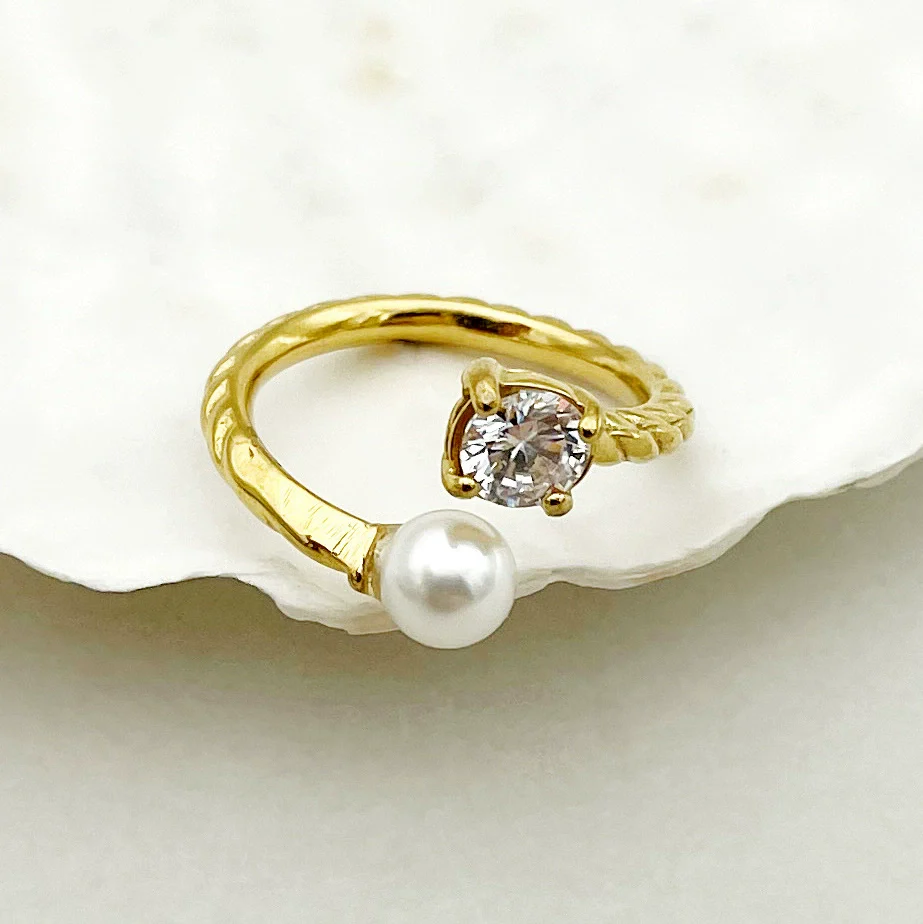 Wholesale Ring Square Zircon Pearl Double Headed Open Titanium Steel French Retro Electroplated - Image 2