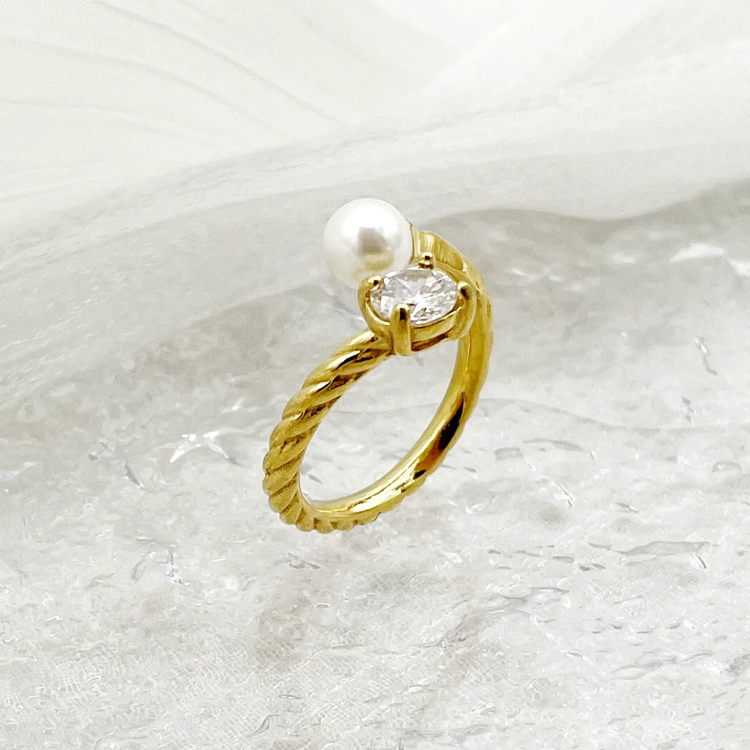 Wholesale Ring Square Zircon Pearl Double Headed Open Titanium Steel French Retro Electroplated - Image 3