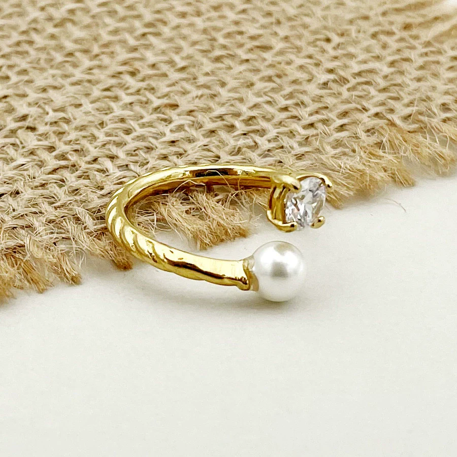 Wholesale Ring Square Zircon Pearl Double Headed Open Titanium Steel French Retro Electroplated - Image 4