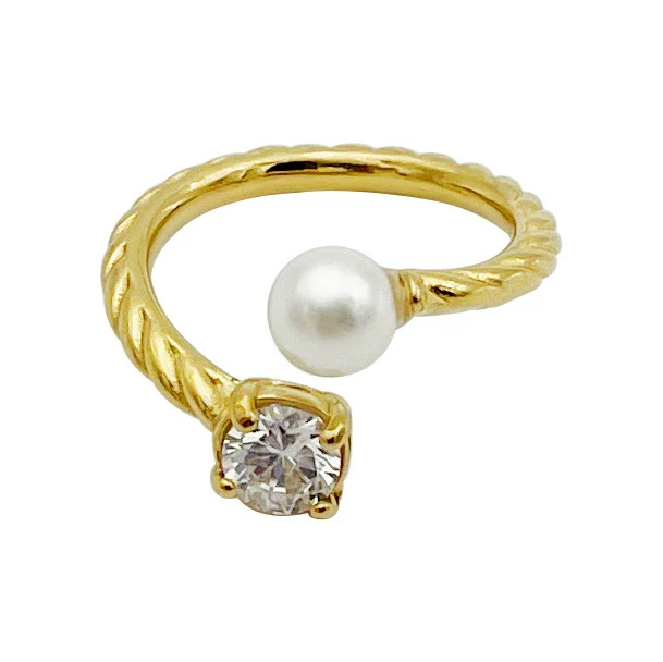 Wholesale Ring Square Zircon Pearl Double Headed Open Titanium Steel French Retro Electroplated - Image 5