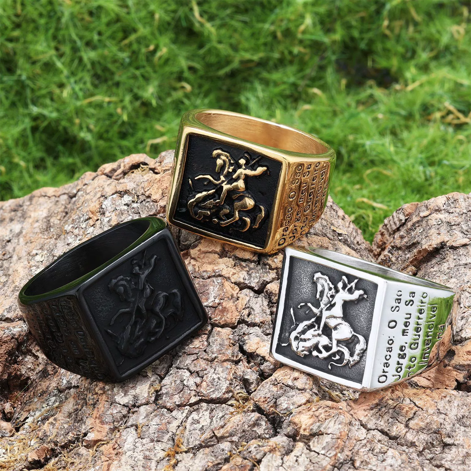 Wholesale Ring Stainless Steel Retro Punk Style Square Dragon Slaying Totem Apply Oil Unisex - Image 4