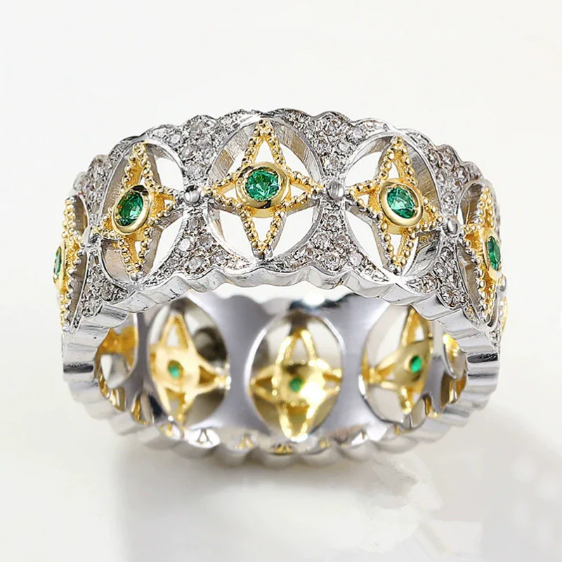 Wholesale Rings Retro Palace Style Twotone Copper Flower Hollow Lace Inlaid Zircon Star And Moon Design For Women - Image 2