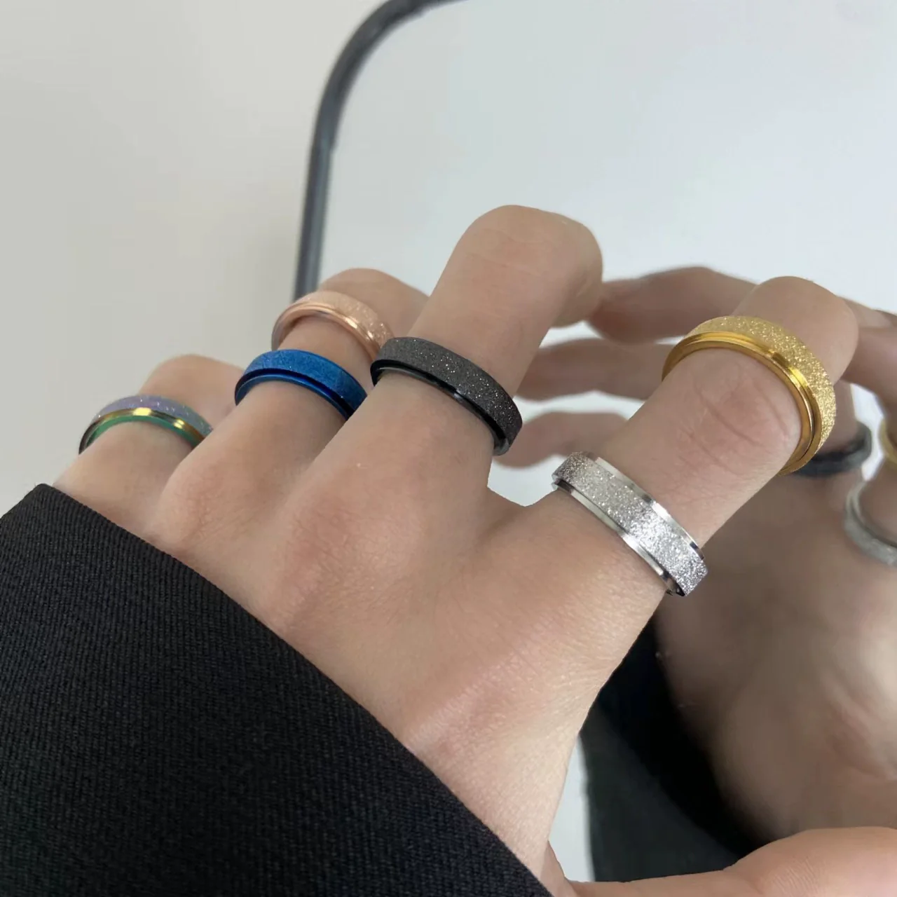 Wholesale Rings Stainless Steel Pearl Sand Rotating Rotatable Fashion Unisex Electroplated With Letters Numbers Text