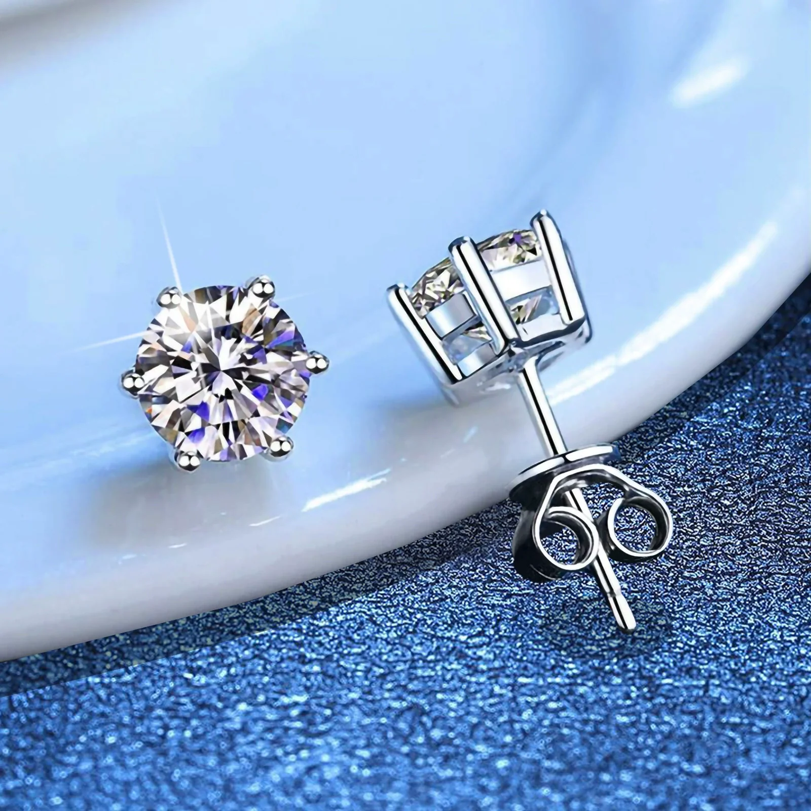 Wholesale S925 Silver Moissanite Ear Studs Classic Sixclaw Platinum Electroplated Geometric Natural Eight Stars And Eight Arrows Earrings Unisex - Image 2