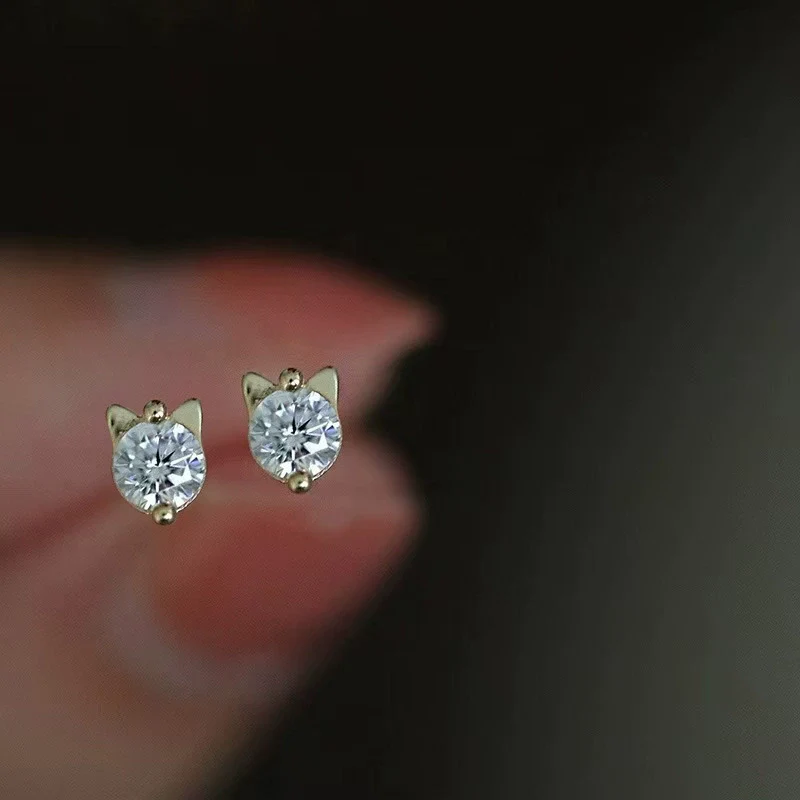 Wholesale S925 Sterling Silver Cat Cartoon Style Earrings Set With Diamonds