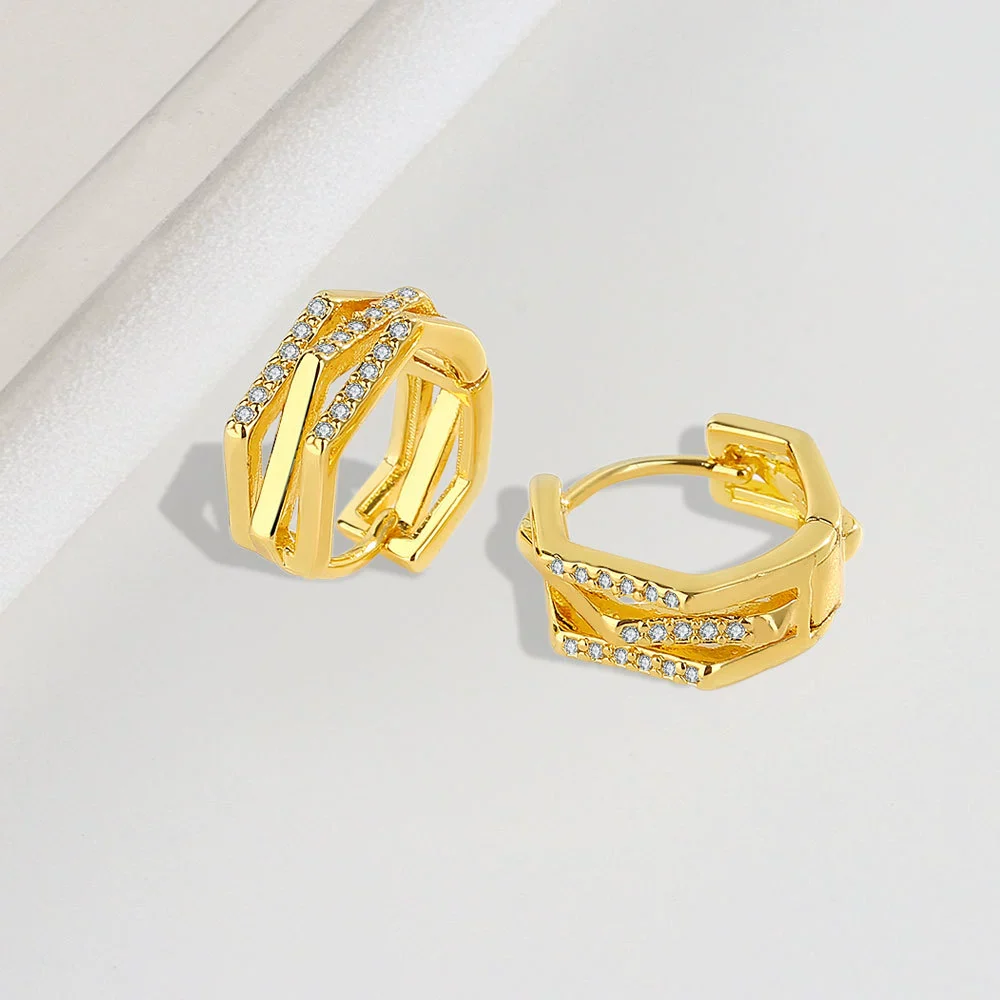 Wholesale S925 Sterling Silver Geometric Double Layer Ear Buckle Earrings With Diamond Inlay And Electroplating