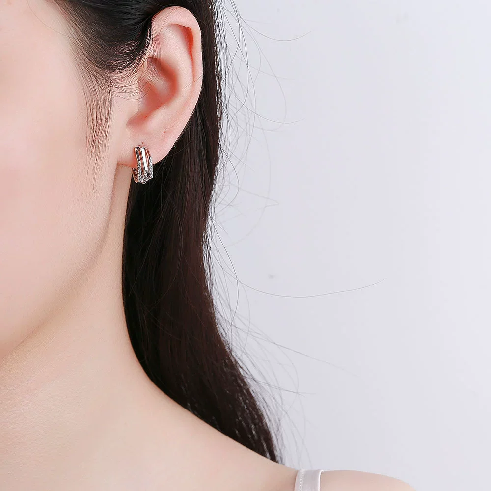 Wholesale S925 Sterling Silver Geometric Double Layer Ear Buckle Earrings With Diamond Inlay And Electroplating - Image 2
