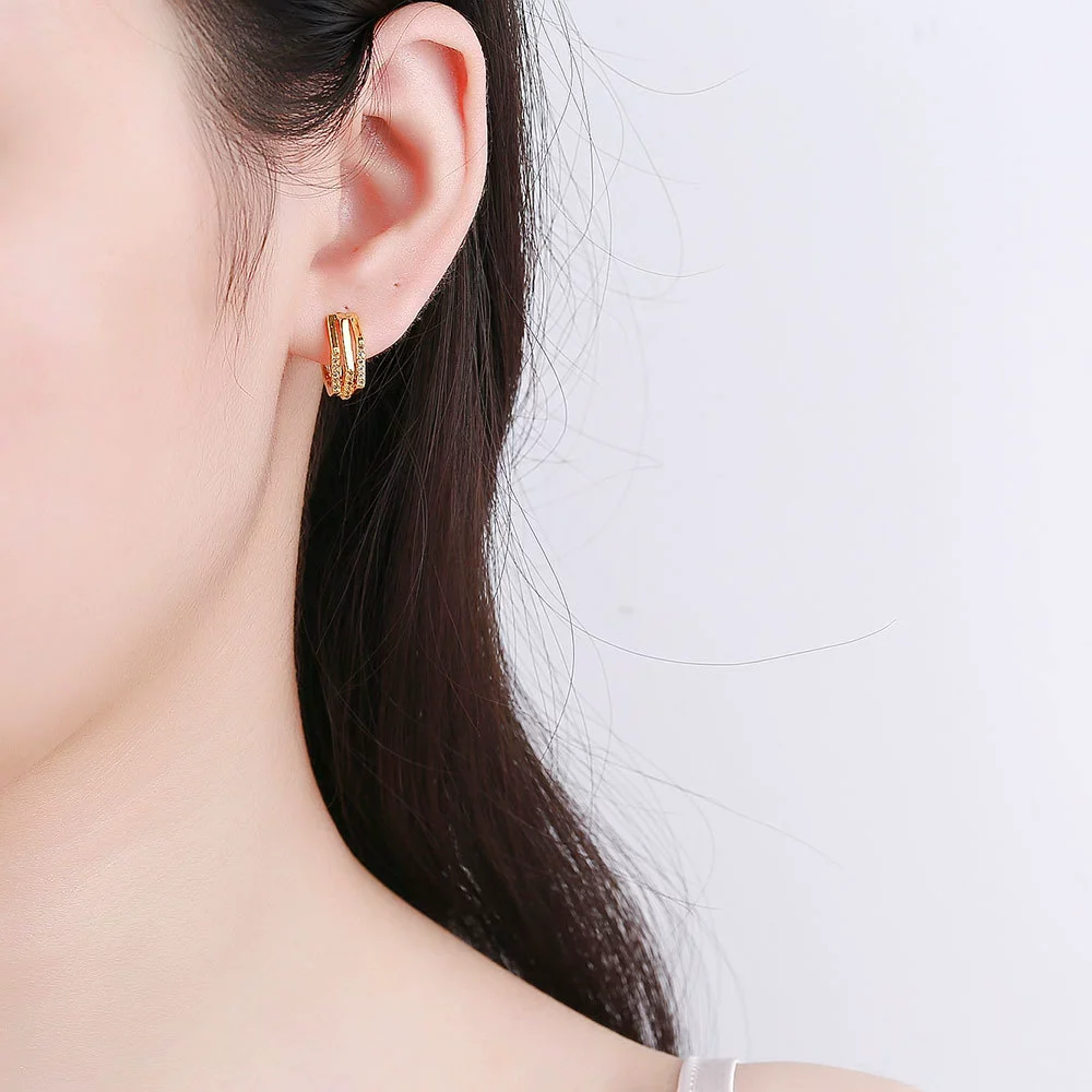 Wholesale S925 Sterling Silver Geometric Double Layer Ear Buckle Earrings With Diamond Inlay And Electroplating - Image 3