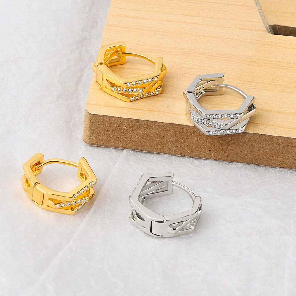 Wholesale S925 Sterling Silver Geometric Double Layer Ear Buckle Earrings With Diamond Inlay And Electroplating - Image 4