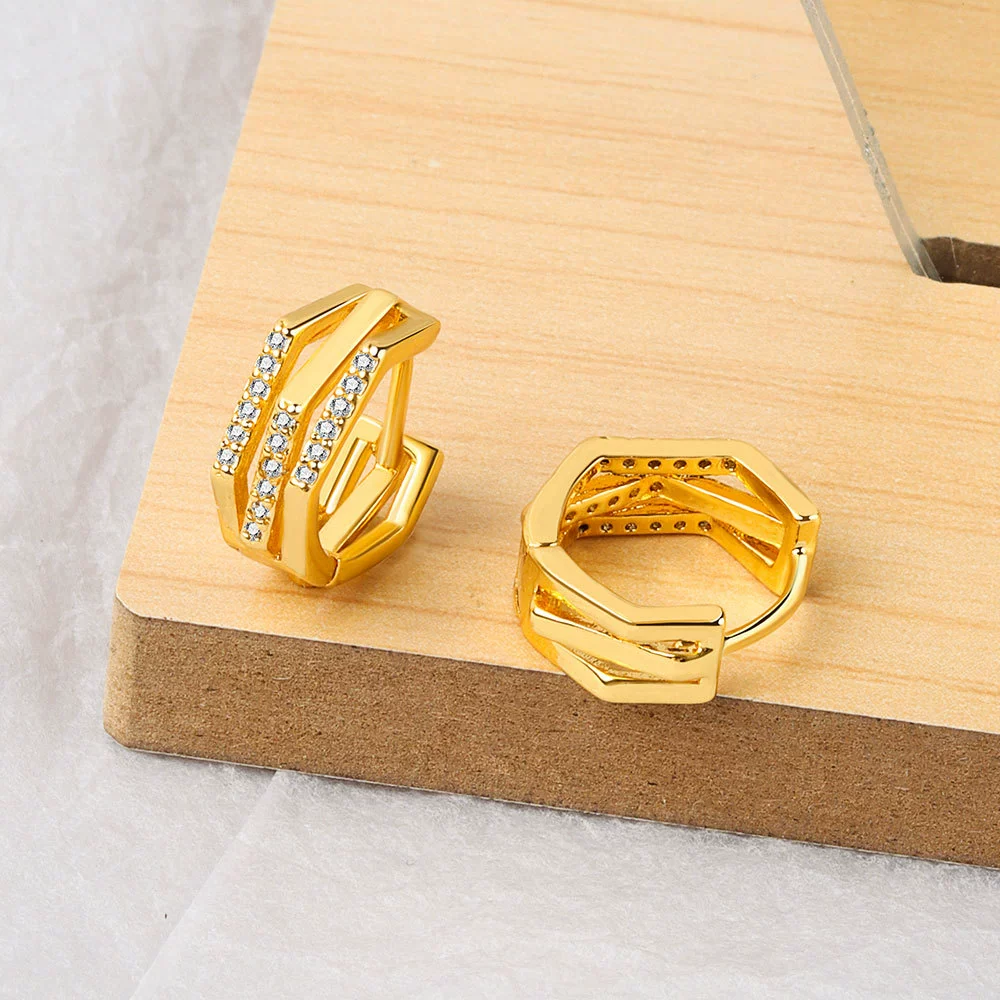 Wholesale S925 Sterling Silver Geometric Double Layer Ear Buckle Earrings With Diamond Inlay And Electroplating - Image 7