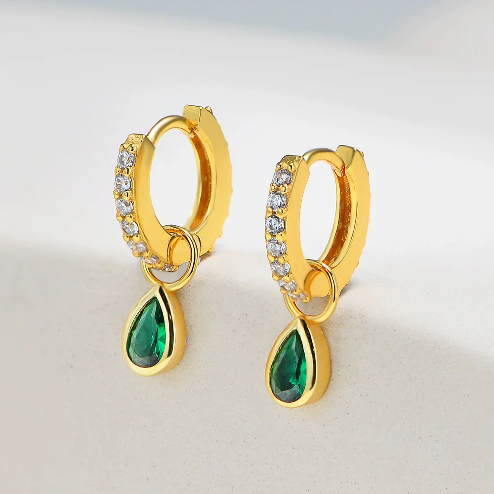Wholesale S925 Sterling Silver Geometric Water Drop Shape Emerald Zircon Diamond Minimalist Style Women's Earrings