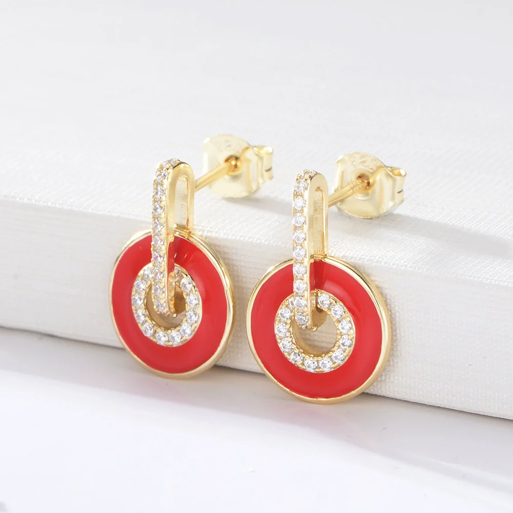 Wholesale S925 Sterling Silver Microinlaid Zircon Drop Earrings With Geometric Design And Dripping Glue Enamel Color For Women - Image 3