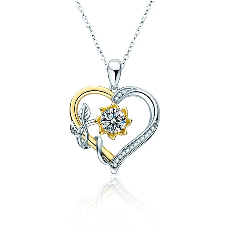 Wholesale S925 Sterling Silver Moissanite Heart Shaped Sunflower Pendant Women's Fashion Necklace - Image 4