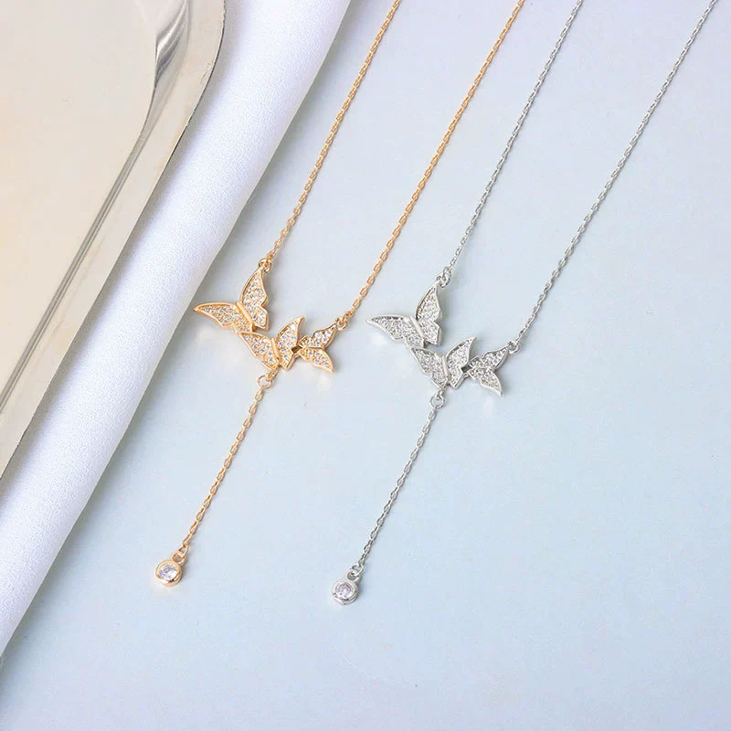 Wholesale S925 Sterling Silver Necklace With Butterfly Tassel And Cross Chain Design - Image 2