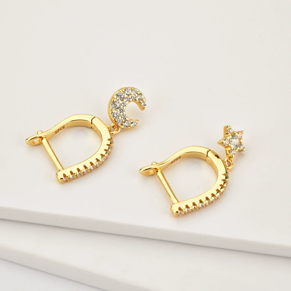 Wholesale S925 Sterling Silver Star Moon Earrings Fashionable Platinum And 18K Gold Electroplated - Image 2