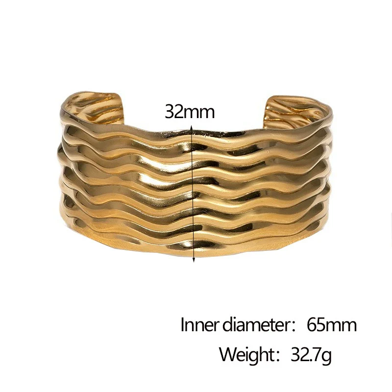 Wholesale Simple Fashionable Corrugated Glossy 18K Goldplated Stainless Steel Open Bracelet That Does Not Fade - Image 6