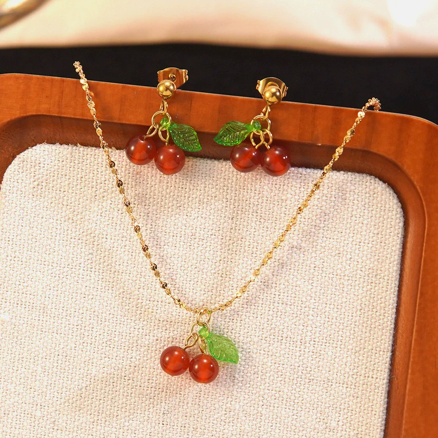Wholesale Simple Fruit Pattern Electroplated Stainless Steel Jewelry Set Including Cherry Necklaces And Earrings For Women