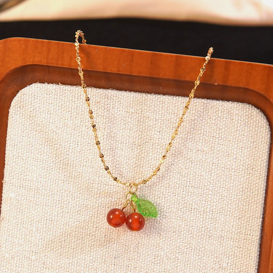 Wholesale Simple Fruit Pattern Electroplated Stainless Steel Jewelry Set Including Cherry Necklaces And Earrings For Women - Image 2