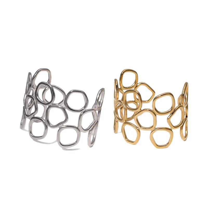Wholesale Simple Geometric Electroplated Stainless Steel Hollow Circle Wide Bracelet For Women - Image 5