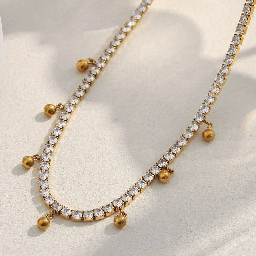 Wholesale Simple Geometric Stainless Steel And Titanium Steel 18K Gold Plated Zircon Ball Tassel Necklace And Bracelet Set For Women - Image 3