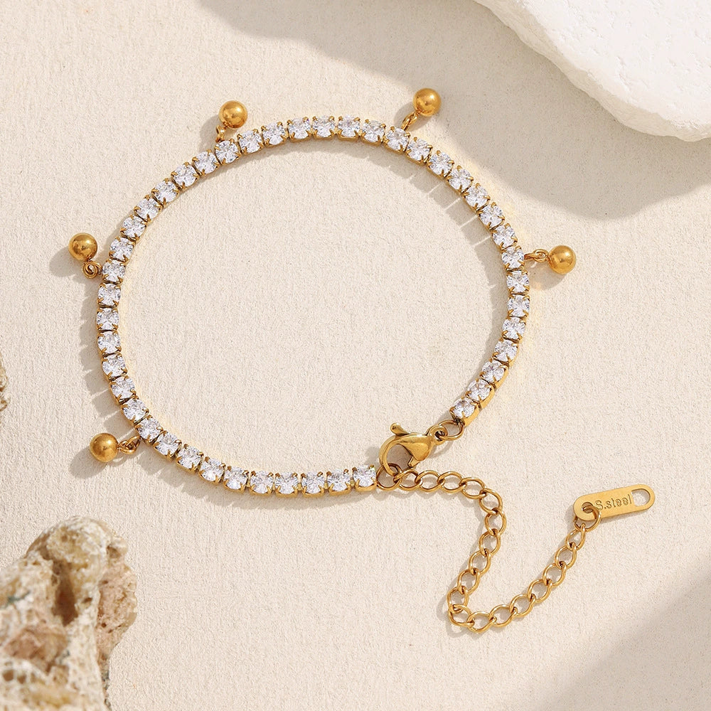 Wholesale Simple Geometric Stainless Steel And Titanium Steel 18K Gold Plated Zircon Ball Tassel Necklace And Bracelet Set For Women - Image 4