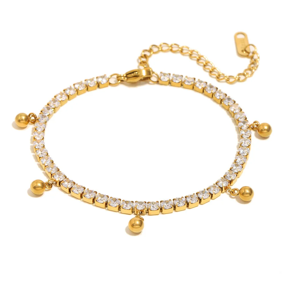 Wholesale Simple Geometric Stainless Steel And Titanium Steel 18K Gold Plated Zircon Ball Tassel Necklace And Bracelet Set For Women - Image 5