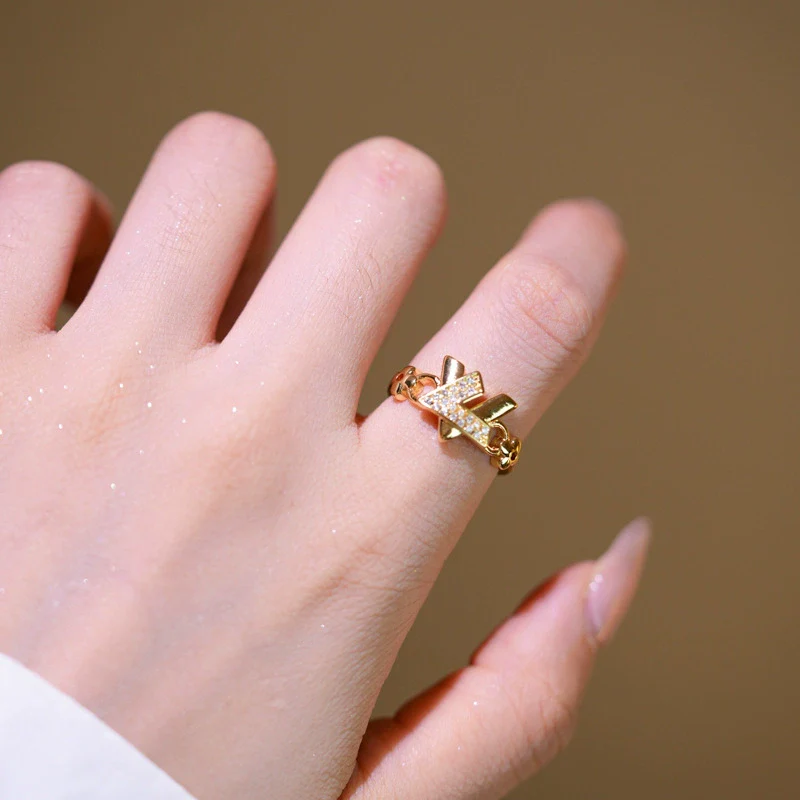 Wholesale Simple Gold Plated Copper Xshaped Micropaved Zircon Rivet Bracelet Ring Set With Letter Number Text Pattern For Unisex In Light Luxury Style - Image 2