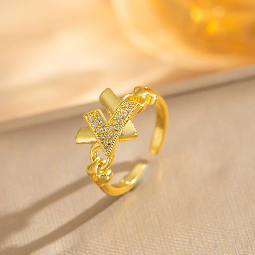 Wholesale Simple Gold Plated Copper Xshaped Micropaved Zircon Rivet Bracelet Ring Set With Letter Number Text Pattern For Unisex In Light Luxury Style - Image 4