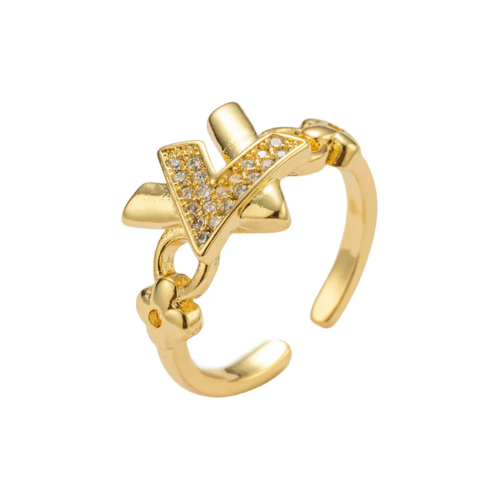 Wholesale Simple Gold Plated Copper Xshaped Micropaved Zircon Rivet Bracelet Ring Set With Letter Number Text Pattern For Unisex In Light Luxury Style - Image 5