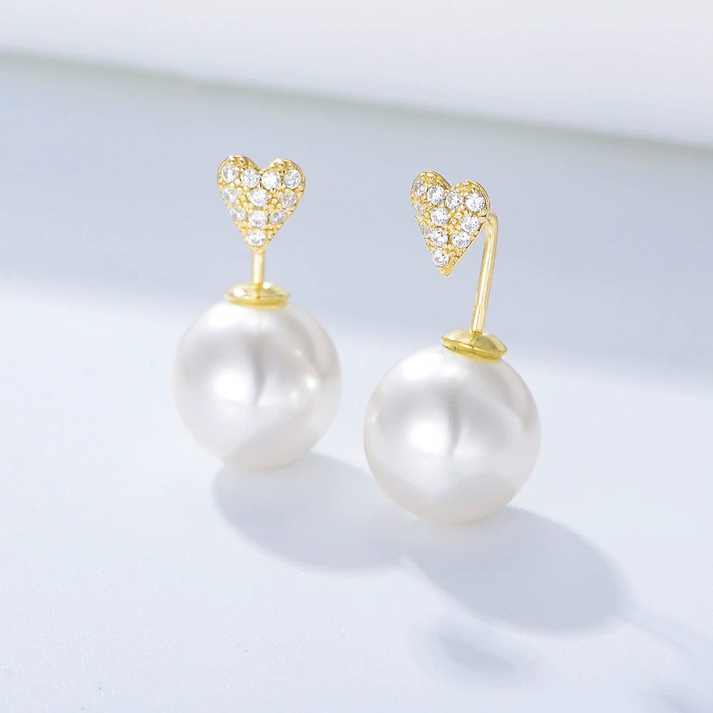 Wholesale Simple Heartshaped Diamondset Pearl Earrings For Women Made Of 925 Sterling Silver - Image 2