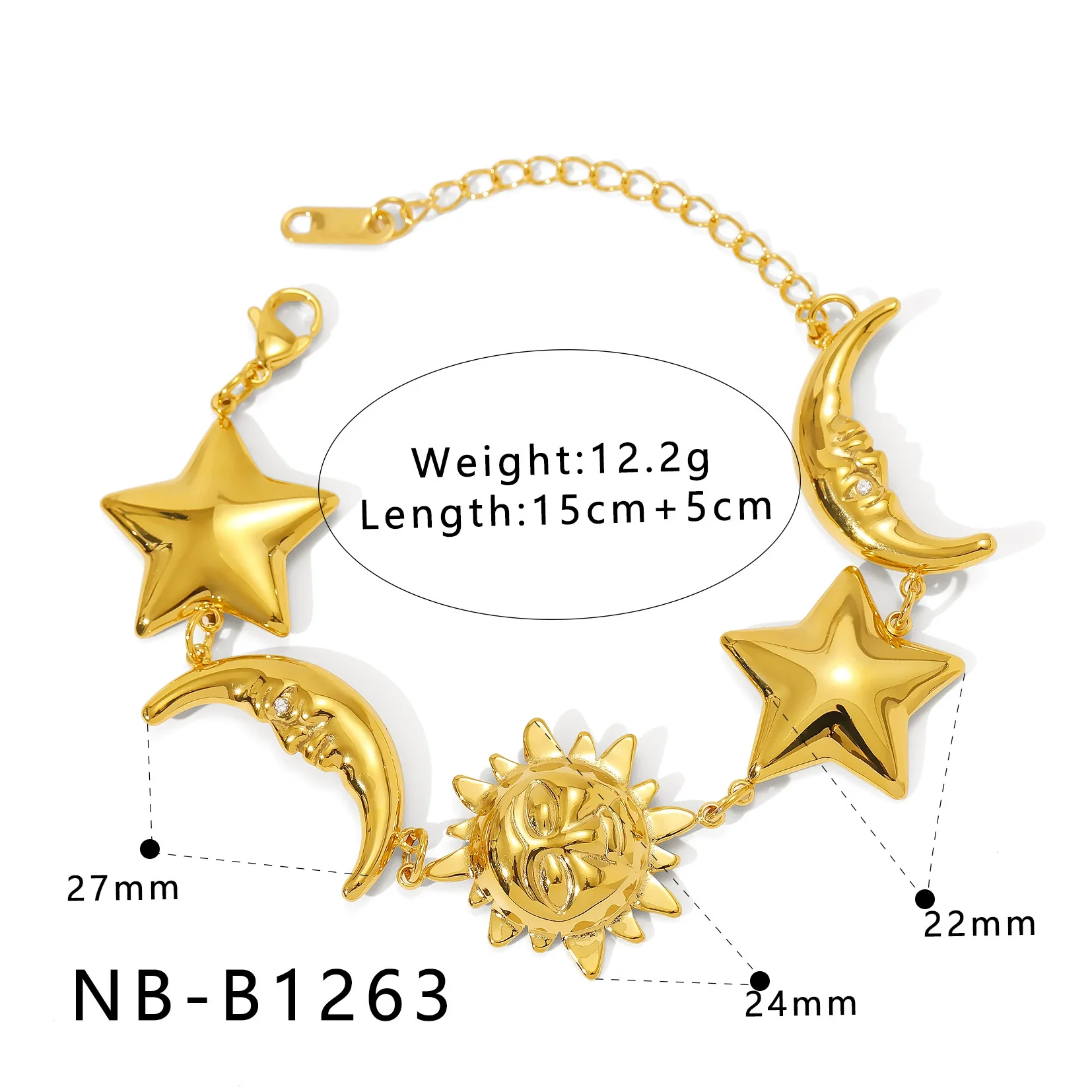 Wholesale Simple Irregular Geometric Heart Fivepointed Star Moon Pendant 18K Vacuum Plated Stainless Steel Unisex Bracelet - Image 8