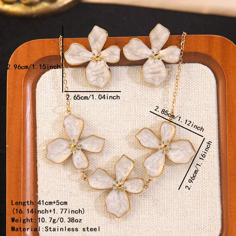 Wholesale Simple Plants And Flowers Dripping Oil Stainless Steel Flower Necklace And Earrings Set For Women - Image 4