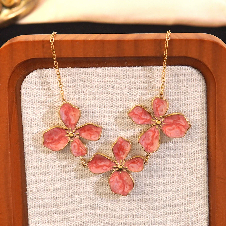 Wholesale Simple Plants And Flowers Style Dripping Oil Stainless Steel Flower Necklace And Earrings Set Jewelry Accessories For Women - Image 2