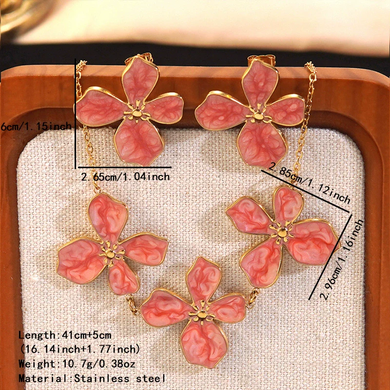 Wholesale Simple Plants And Flowers Style Dripping Oil Stainless Steel Flower Necklace And Earrings Set Jewelry Accessories For Women - Image 4