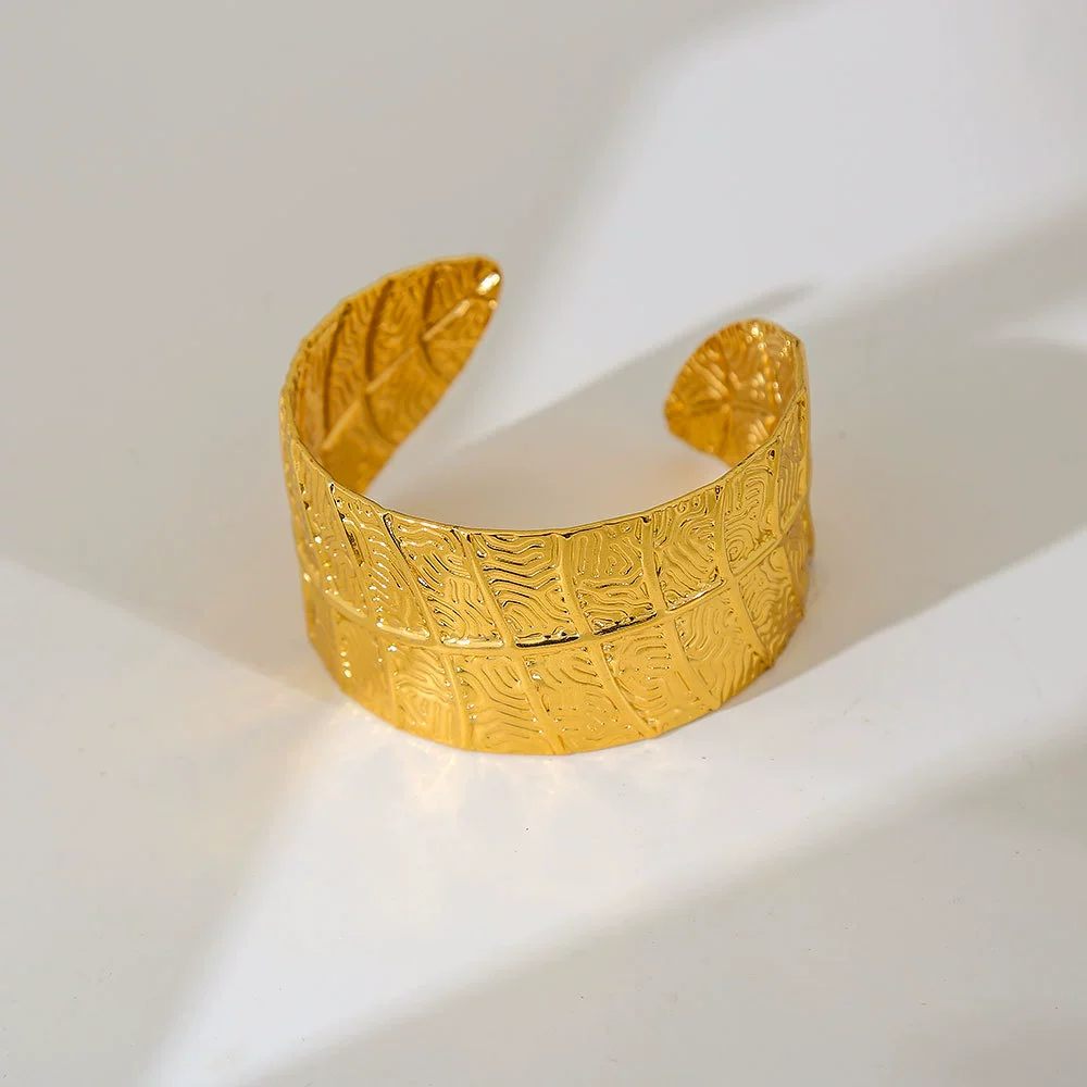 Wholesale Simple Stainless Steel 18K Gold Plated Open Wave Glossy Bracelet For Women - Image 14
