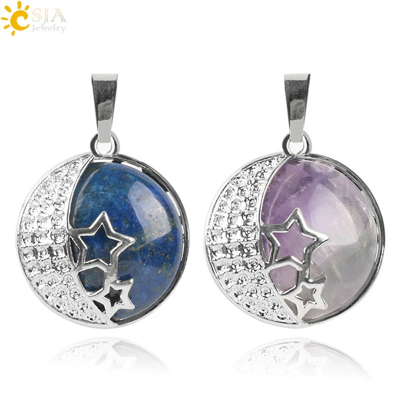 Wholesale Simple Style Natural Semiprecious Stone And Copper Accessories Pendant Necklace With Hollow Back Round Moon Star Design For Women