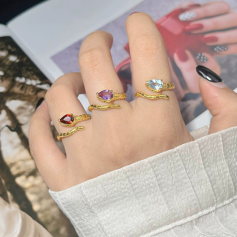 Wholesale Snake Finger Ring S925 Sterling Silver 18K Gold Natural Color Energy Crystal Jewelry Geometric Style Set With Gems - Image 2