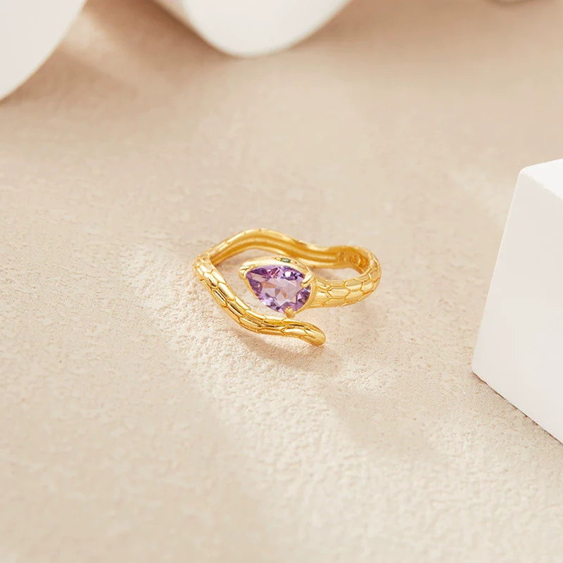 Wholesale Snake Finger Ring S925 Sterling Silver 18K Gold Natural Color Energy Crystal Jewelry Geometric Style Set With Gems - Image 6