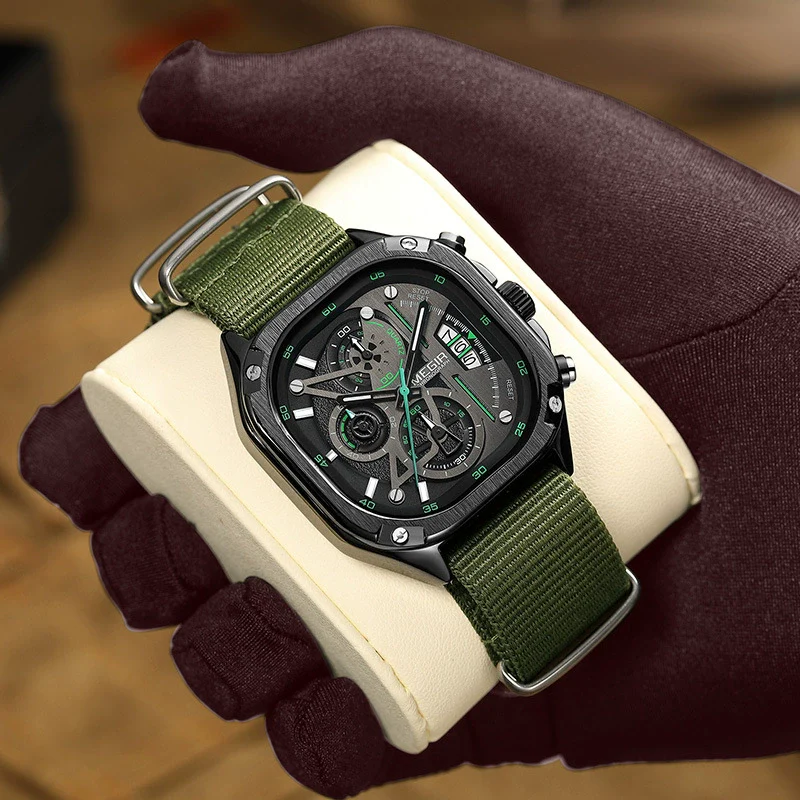 Wholesale Square Chronograph Luminous Calendar Watch With Canvas Nylon Belt Alloy Case Mineral Strengthened Glass Mirror And Stainless Steel Clasp - Image 3