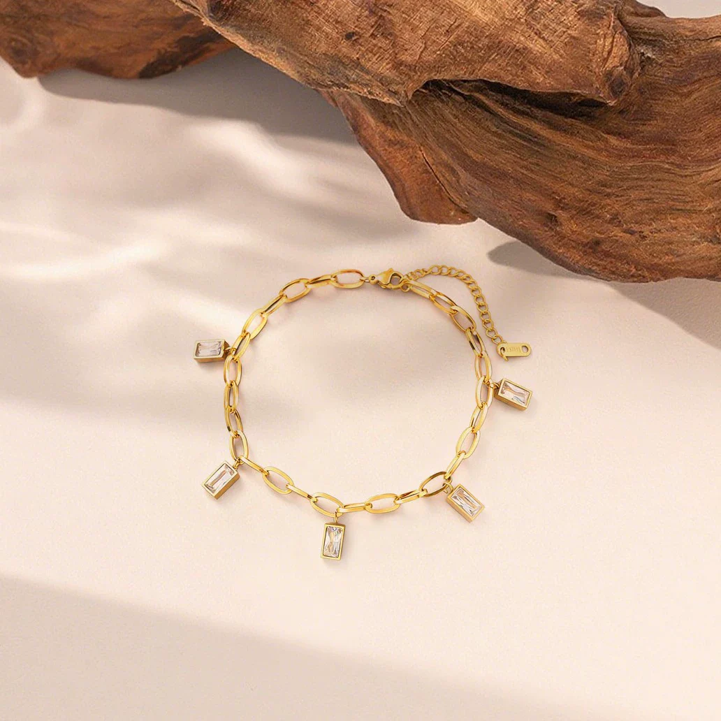 Wholesale Square Diamond Tassel 18K Gold Plated Titanium Steel Anklet For Women