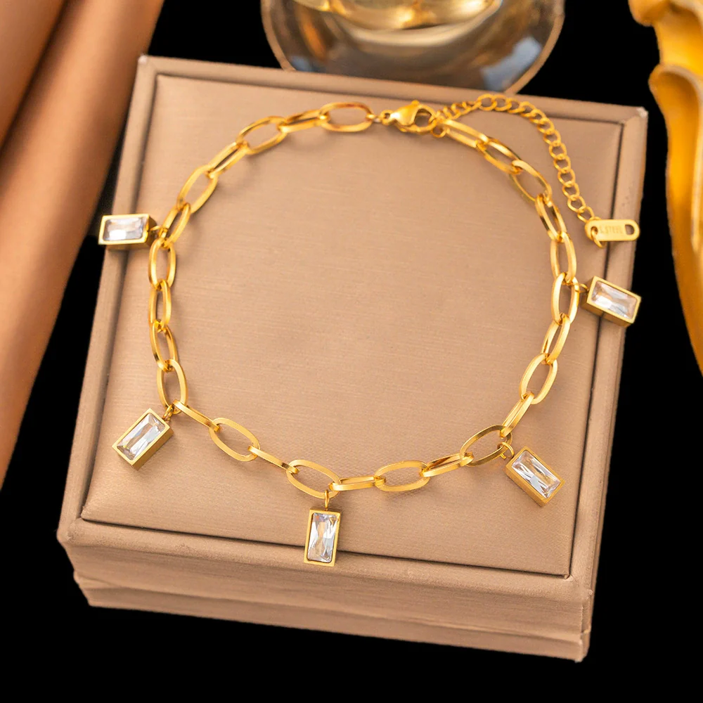 Wholesale Square Diamond Tassel 18K Gold Plated Titanium Steel Anklet For Women - Image 3