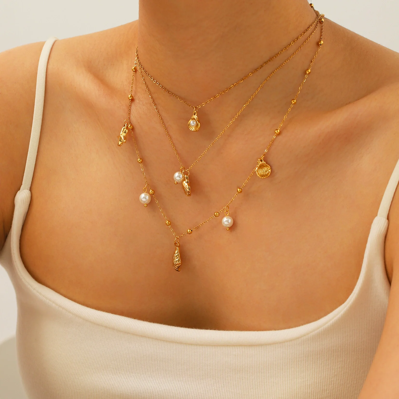 Wholesale Stackable Starfish Shells With Pearl Pendants Stainless Steel 18K Gold Plated Minimalist Women's Necklace