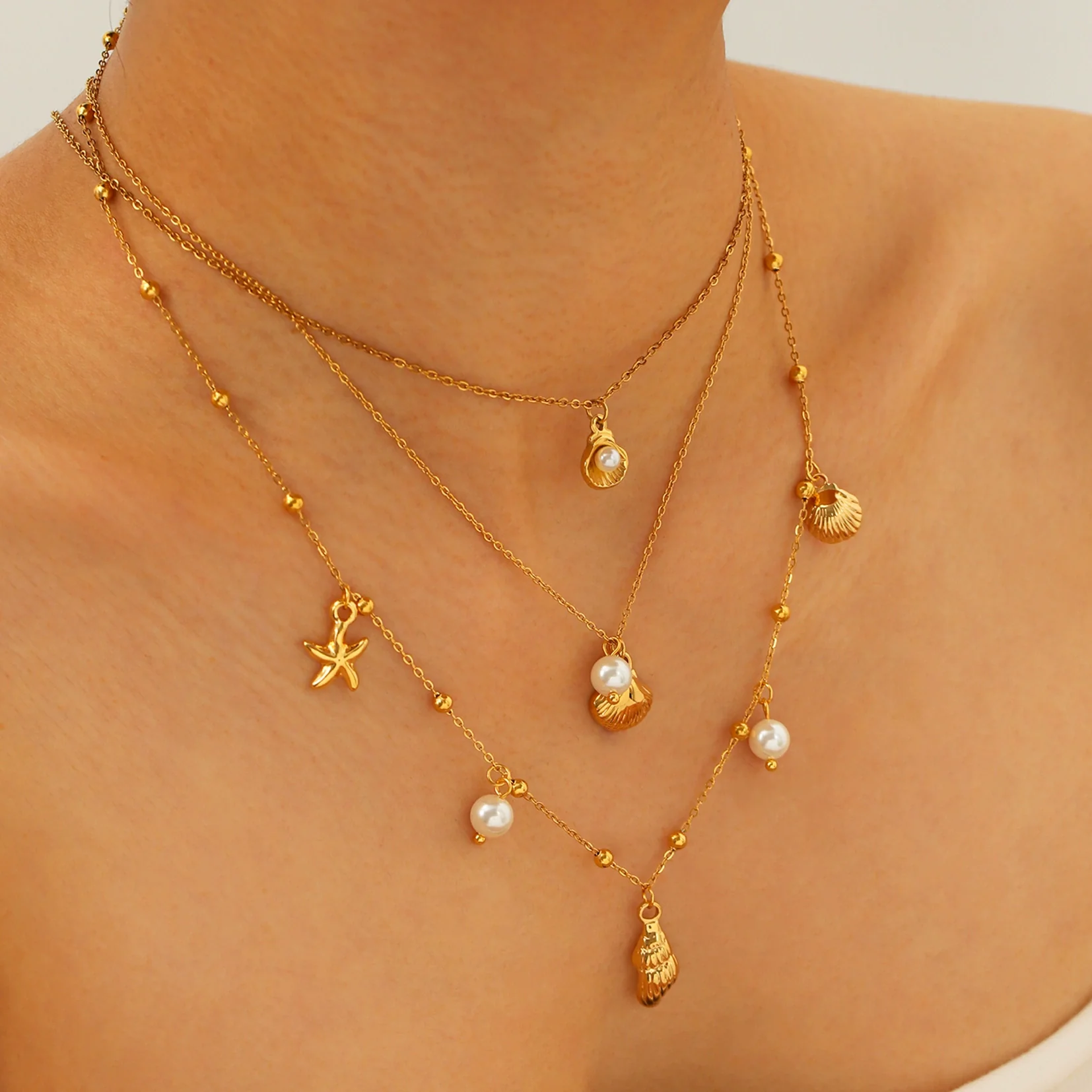 Wholesale Stackable Starfish Shells With Pearl Pendants Stainless Steel 18K Gold Plated Minimalist Women's Necklace - Image 3