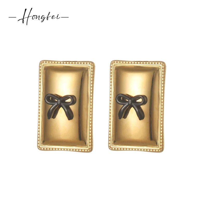 Wholesale Stainless Steel 18K Gold Geometric Square Bow Stud Earrings For Women With Electroplating Treatment