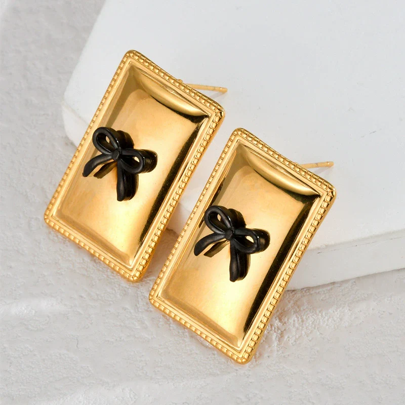 Wholesale Stainless Steel 18K Gold Geometric Square Bow Stud Earrings For Women With Electroplating Treatment - Image 3