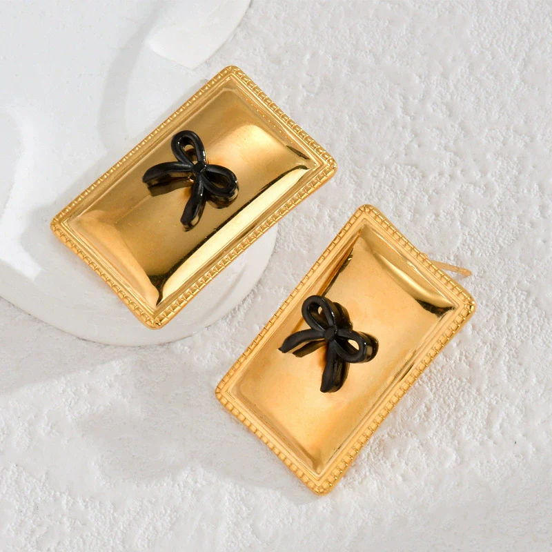 Wholesale Stainless Steel 18K Gold Geometric Square Bow Stud Earrings For Women With Electroplating Treatment - Image 4