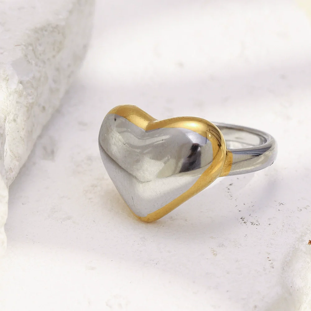 Wholesale Stainless Steel 18K Gold Plated Flat Heart Ring For Women With Geometric Light Luxury Style - Image 3